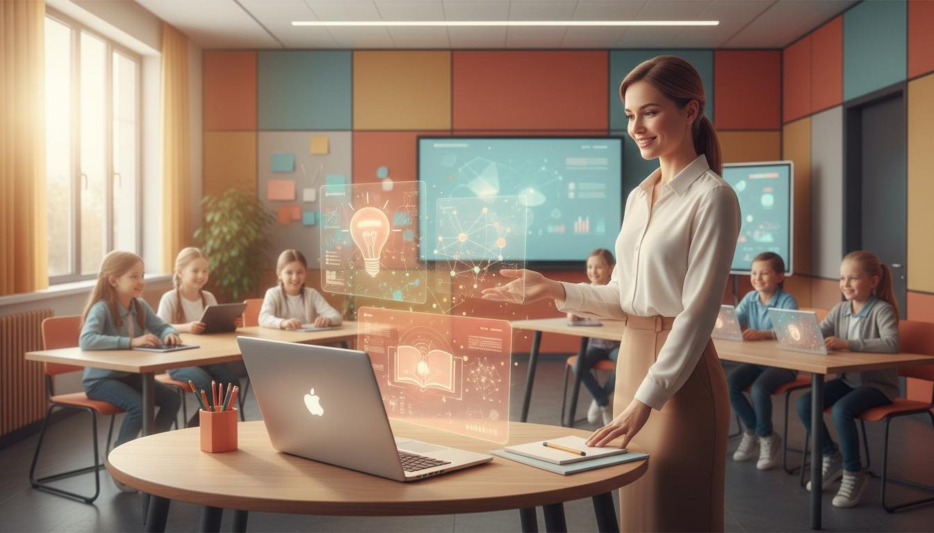 Professora usando inteligência artificial em sala de aula moderna